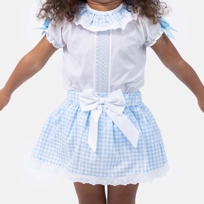 Baby Girl Spanish Blue Checked Jampants Set - Baby Blue with White Bow and Lace Trim