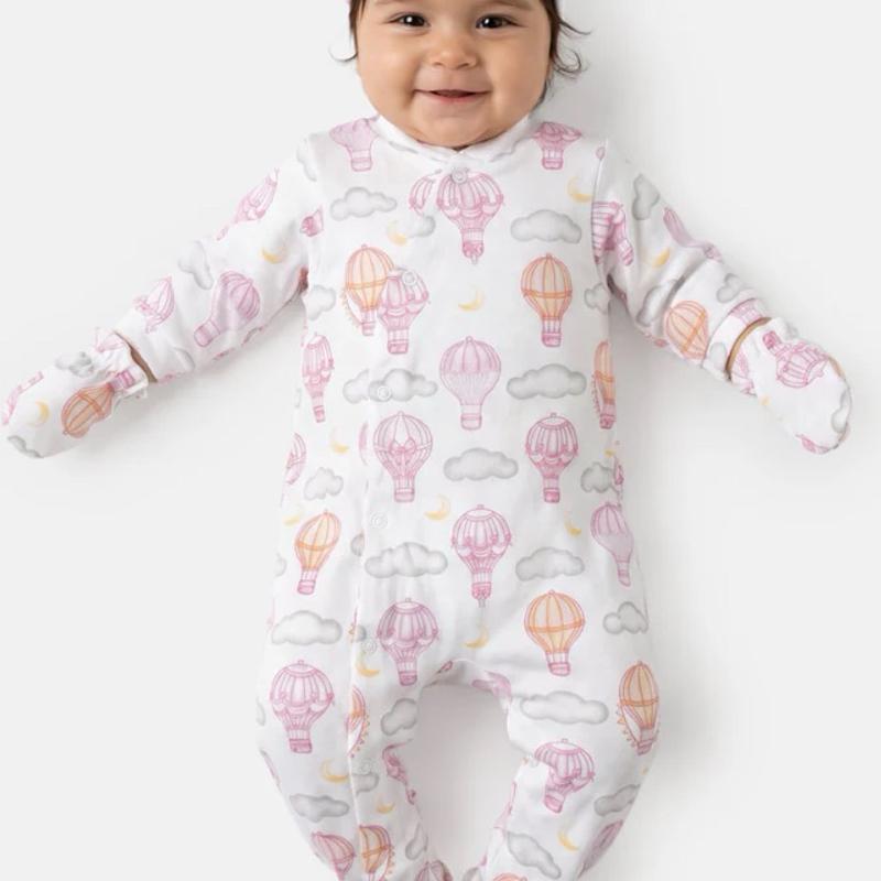 Baby 3 Piece Cozy Sleepsuit with Hot Air Balloon & Cloud Print Soft Comfortable for Newborns Includes Mittens and Hat