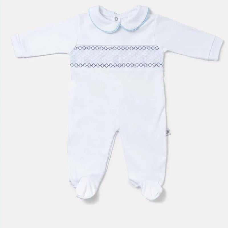 Cotton Baby Grow With Smocked Detail - Soft White Onesie for Newborns with Coloured Trim and Comfortable Fit