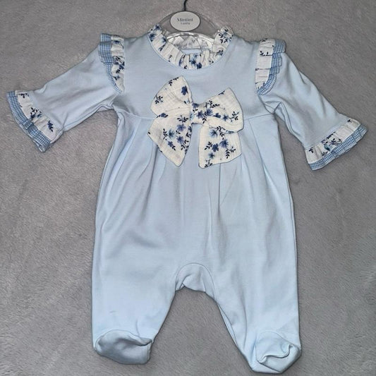 Mintini Girls Blue Floral Baby Grow with Ruffled Sleeves and Bow Detail