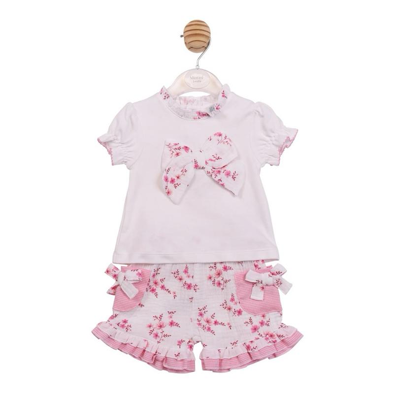 Mintini Floral Bow Top & Ruffled Shorts Set for Little Girls in Soft Pink Adorable Floral Design