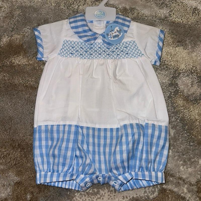 White And Blue Gingham Smocked Romper for Babies with Short Sleeves