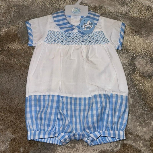 White And Blue Gingham Smocked Romper for Babies with Short Sleeves