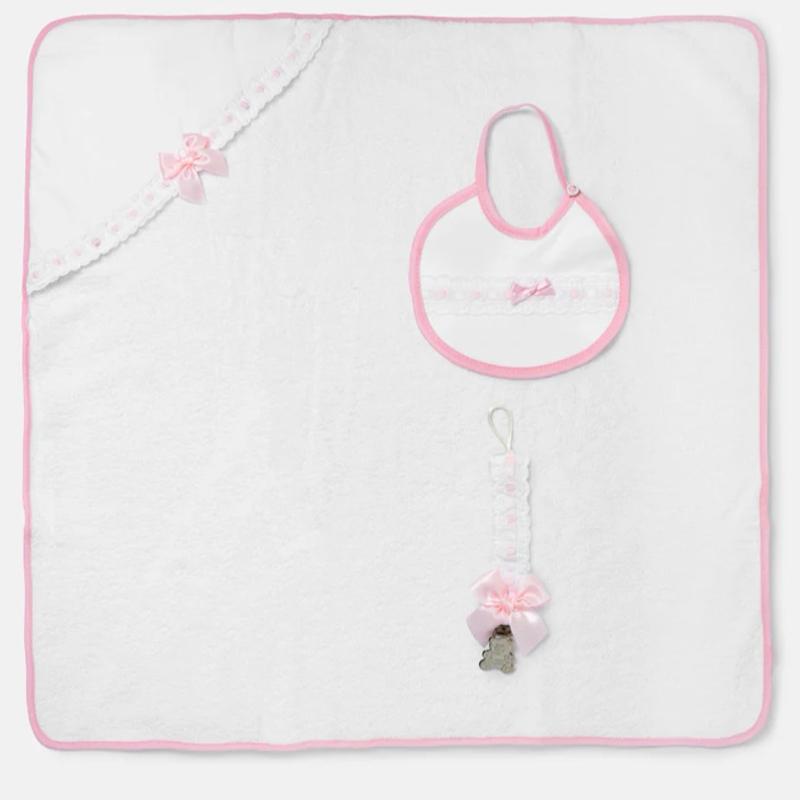 Baby 3-piece Bath Set - Hooded Towel, Bib & Dummy Clip
