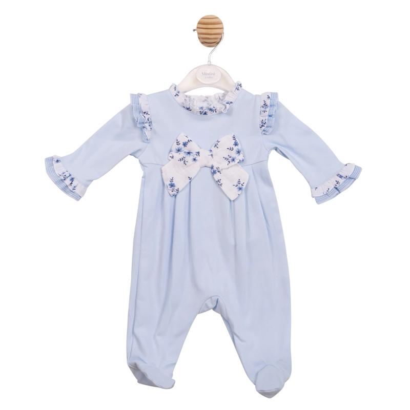 Mintini Girls Blue Floral Baby Grow with Ruffled Sleeves and Bow Detail