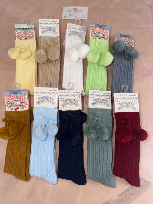 Children’s Knee High Ribbed Socks With PomPoms