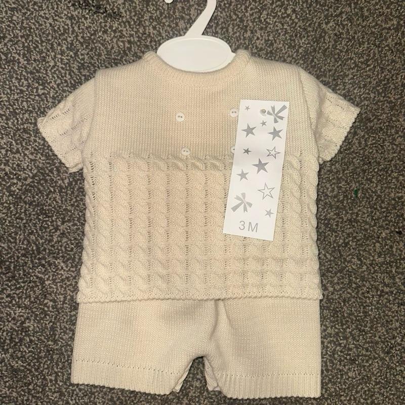 Boys Beige Two Piece Knitted Shorts Set - button detailing
