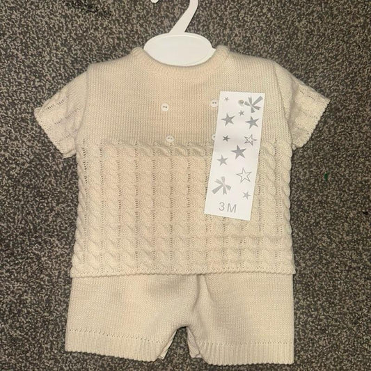 Boys Beige Two Piece Knitted Shorts Set - button detailing