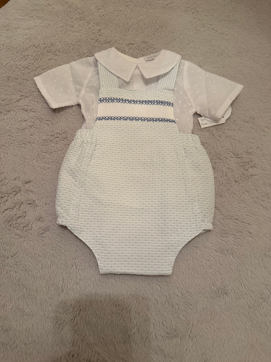Blue & White Dobby Shirt & Dungaree Set