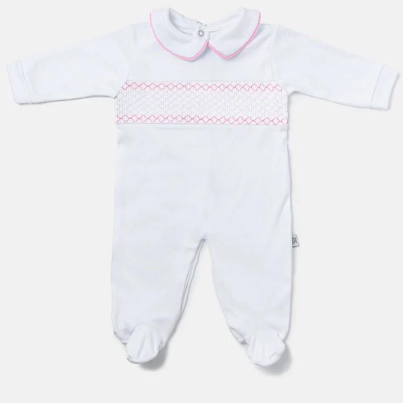Cotton Baby Grow With Smocked Detail - Soft White Onesie for Newborns with Coloured Trim and Comfortable Fit