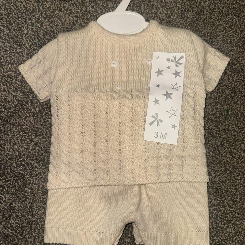 Boys Beige Two Piece Knitted Shorts Set - button detailing
