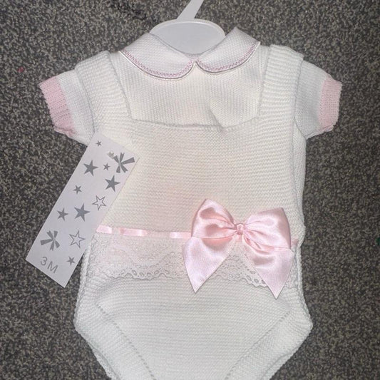 White And Pink Knitted 2 Peice Set - lace and bow detailing