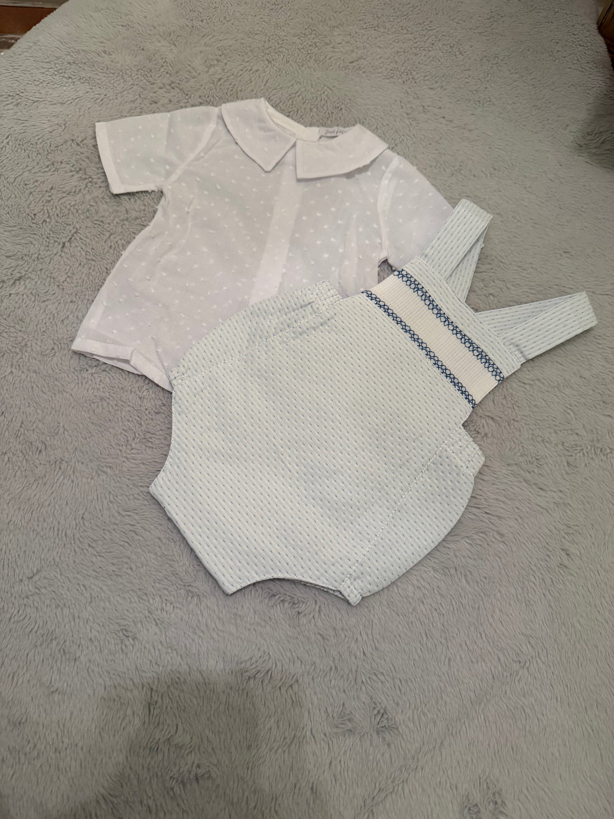 Blue & White Dobby Shirt & Dungaree Set