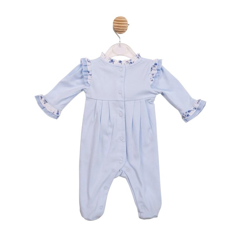 Mintini Girls Blue Floral Baby Grow with Ruffled Sleeves and Bow Detail
