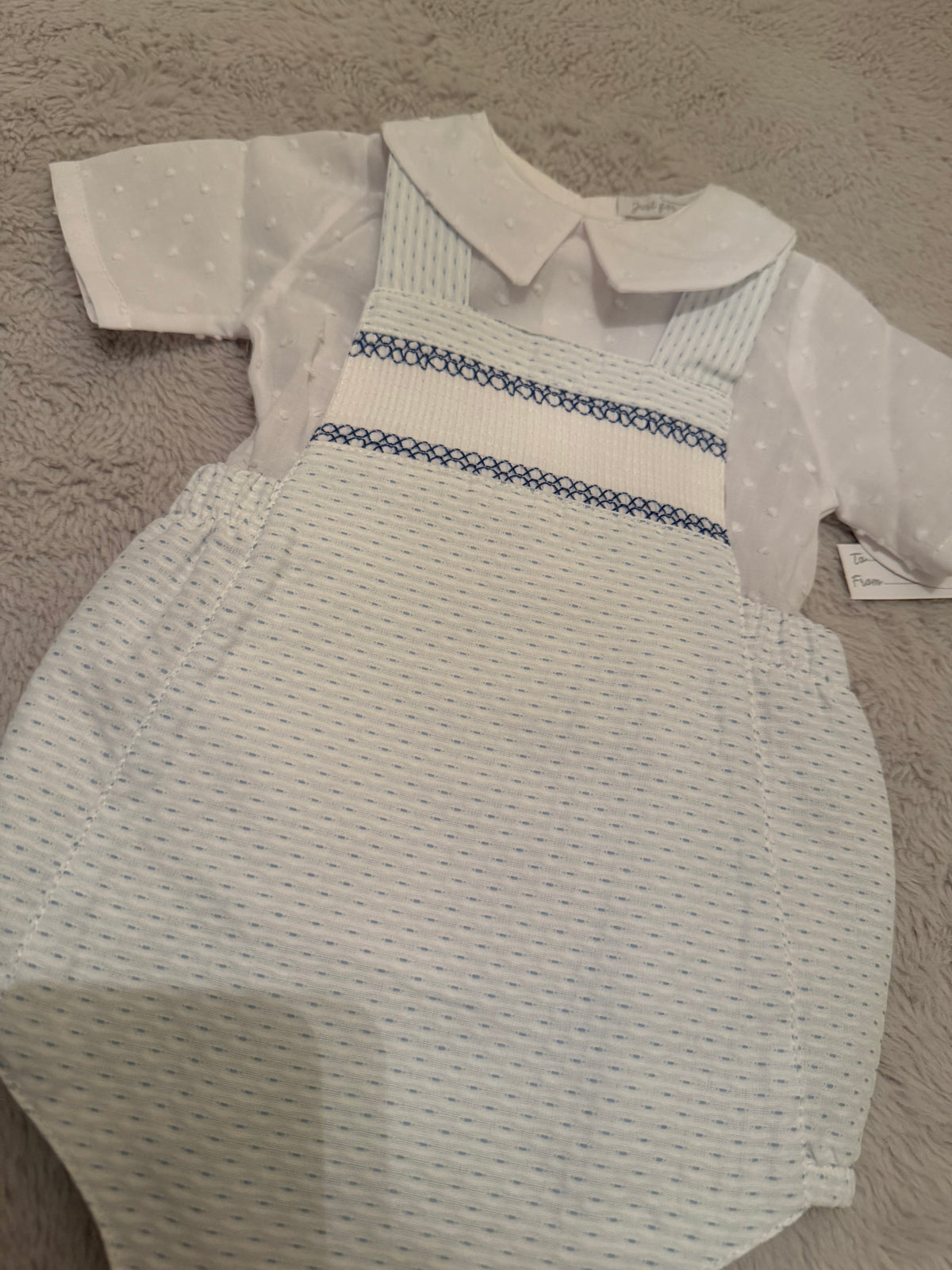 Blue & White Dobby Shirt & Dungaree Set