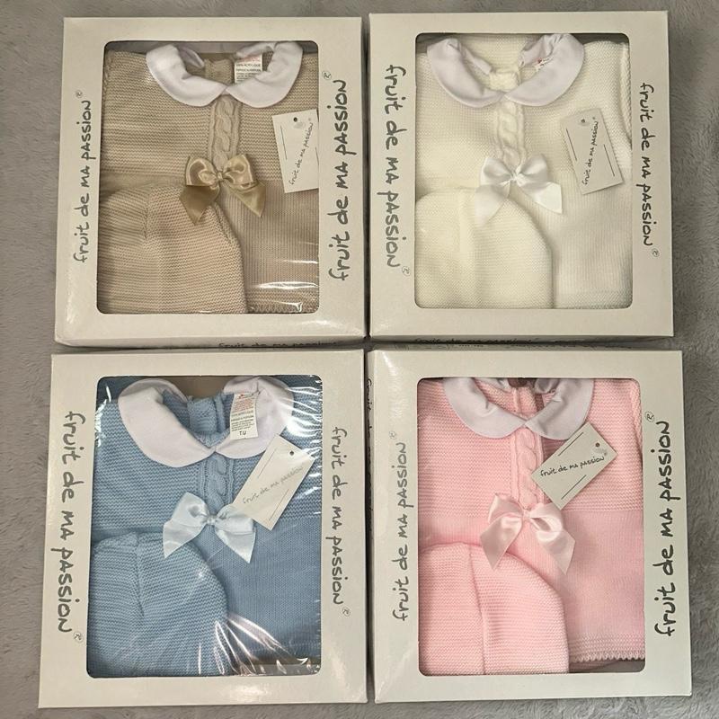 Fruit de Ma Passion Three Piece Knitted Box Sets With A Bow On Jumper for Baby Girls in Pastel Colors
