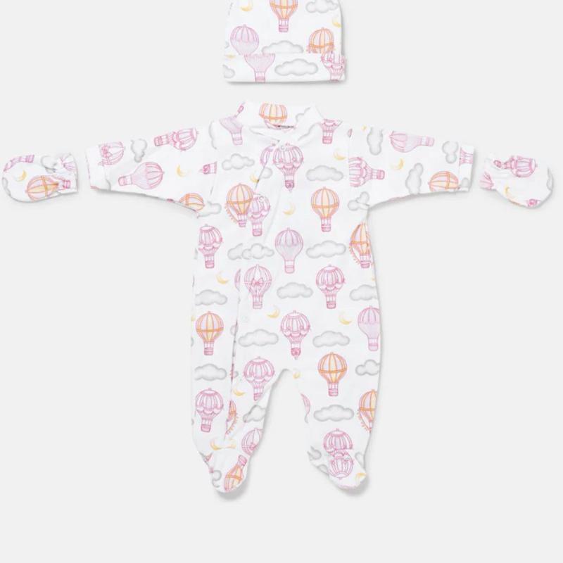Baby 3 Piece Cozy Sleepsuit with Hot Air Balloon & Cloud Print Soft Comfortable for Newborns Includes Mittens and Hat