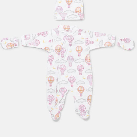 Baby 3 Piece Cozy Sleepsuit with Hot Air Balloon & Cloud Print Soft Comfortable for Newborns Includes Mittens and Hat