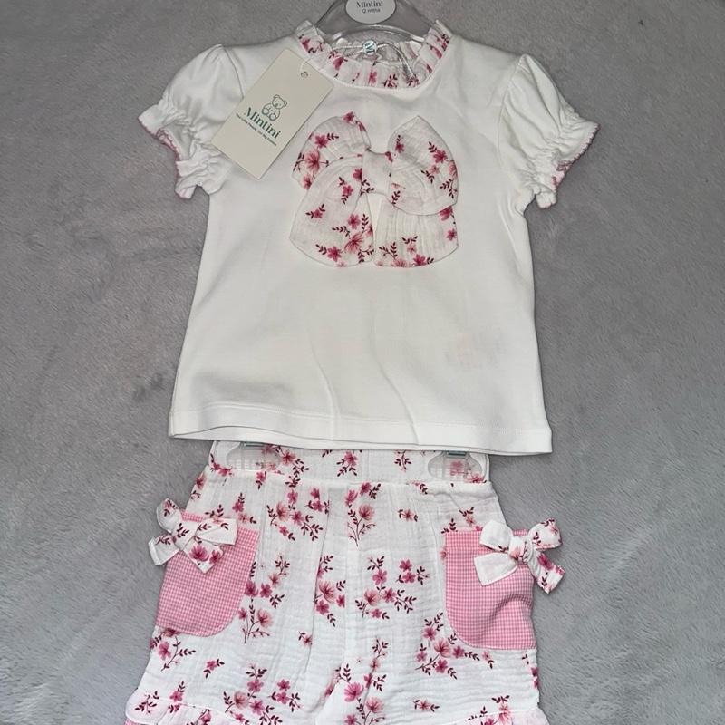 Mintini Floral Bow Top & Ruffled Shorts Set for Little Girls in Soft Pink Adorable Floral Design