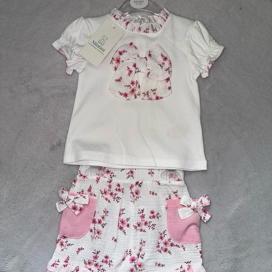 Mintini Floral Bow Top & Ruffled Shorts Set for Little Girls in Soft Pink Adorable Floral Design